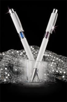 ART CRYSTELLA Guličkové pero, Crystals from SWAROVSKI®, biele, so zafírovo modrými kryštálmi v strede te